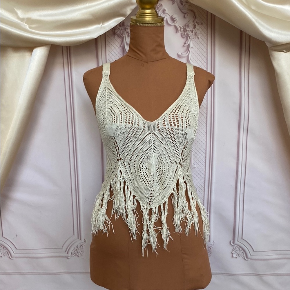 Elegant Cream Crochet Fringe Top